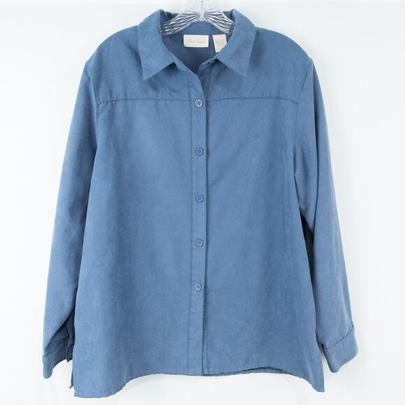 Studio Works Faux Suede Long Sleeve Button Up Shirt Womens Large Blue Western - Picture 1 of 16